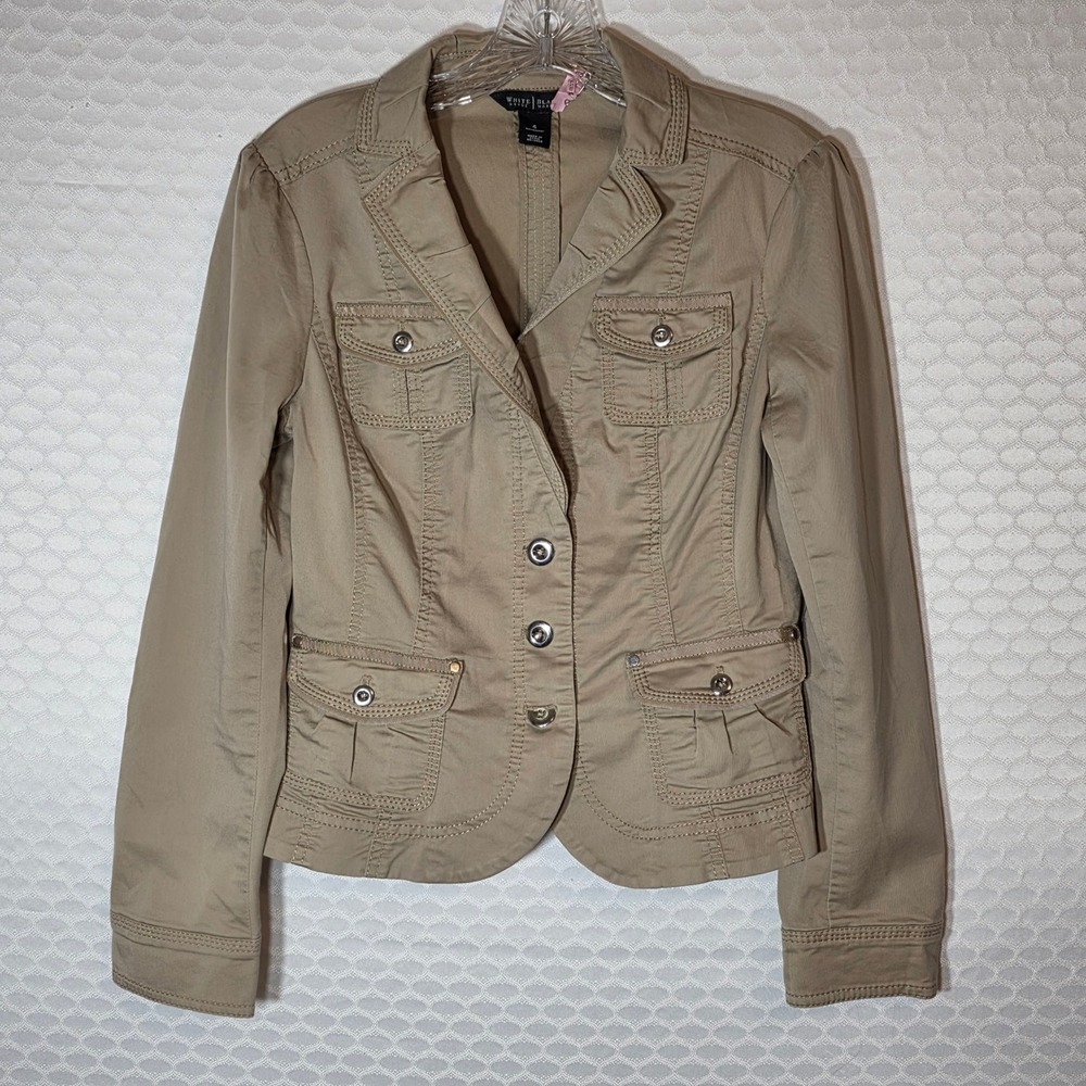 White House Black Market Khaki Utility Blazer Jacket Size 4 Tan Stretch Cotton